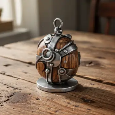 En bild på en rund amulett gjord i stål och trä.