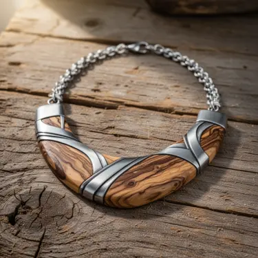 En bild på ett halsband gjord i stål och trä.